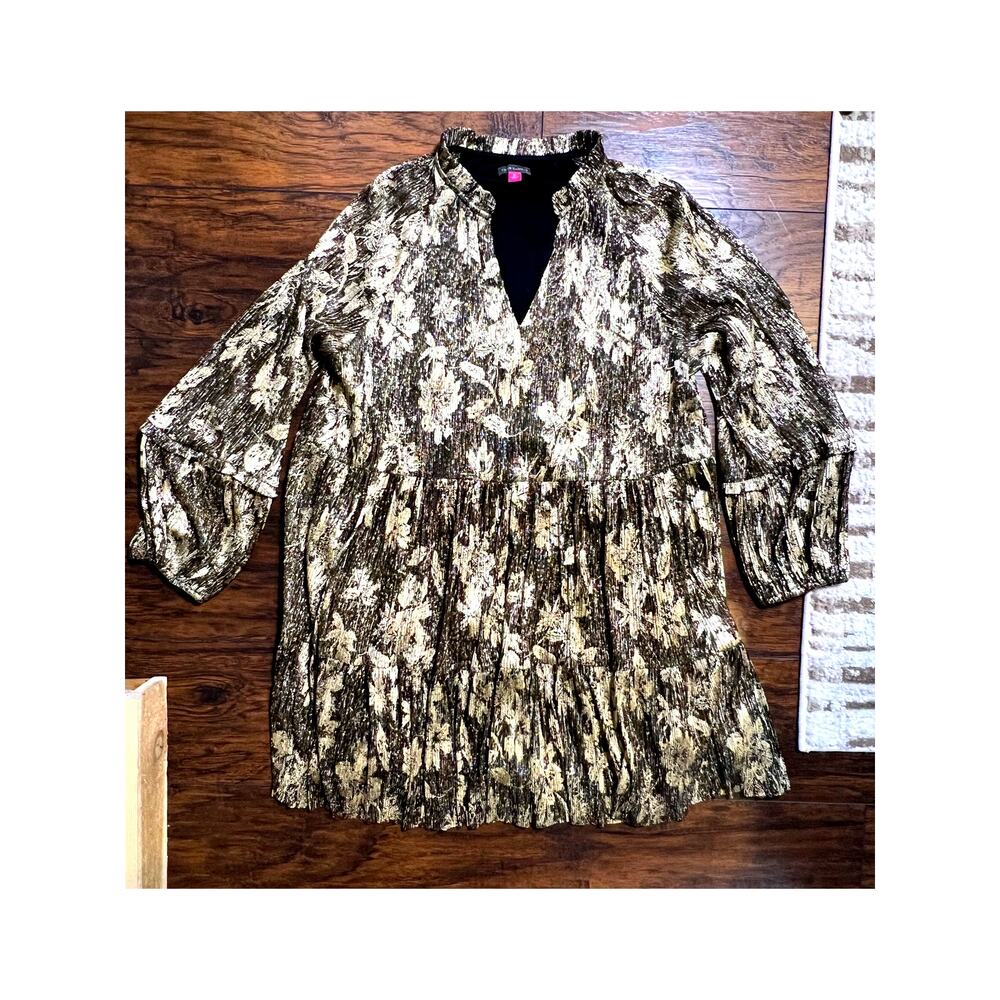 Vince Camuto metallic floral v-neck tiered black and gold dress women's size XL - Picture 8 of 12